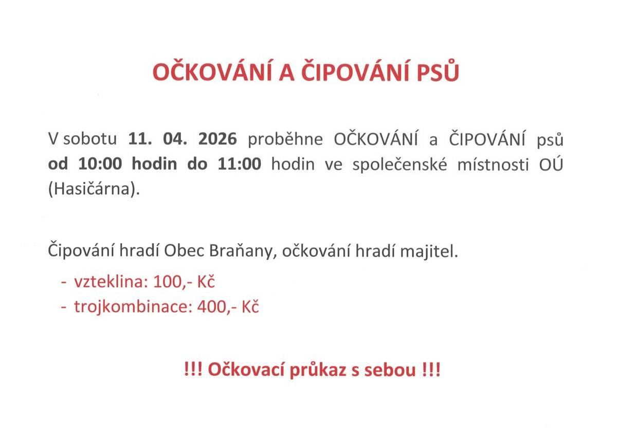 Očkování a čipování psů dne 11.4.2026 od 10 do 11 hodi