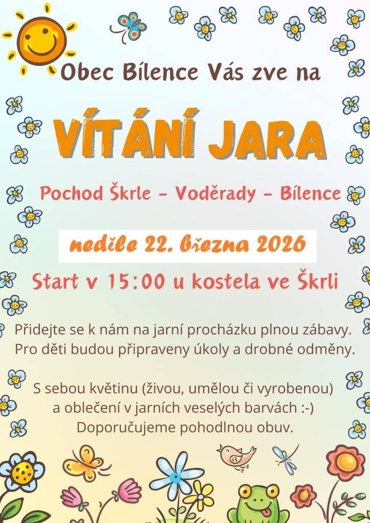 Vážení spoluobčané, srdečně zveme na dnešní akci. Jarní průvod všemi částmi naší obce začíná v 15:00hod. u kostela sv. Jakuba ve Škrli.