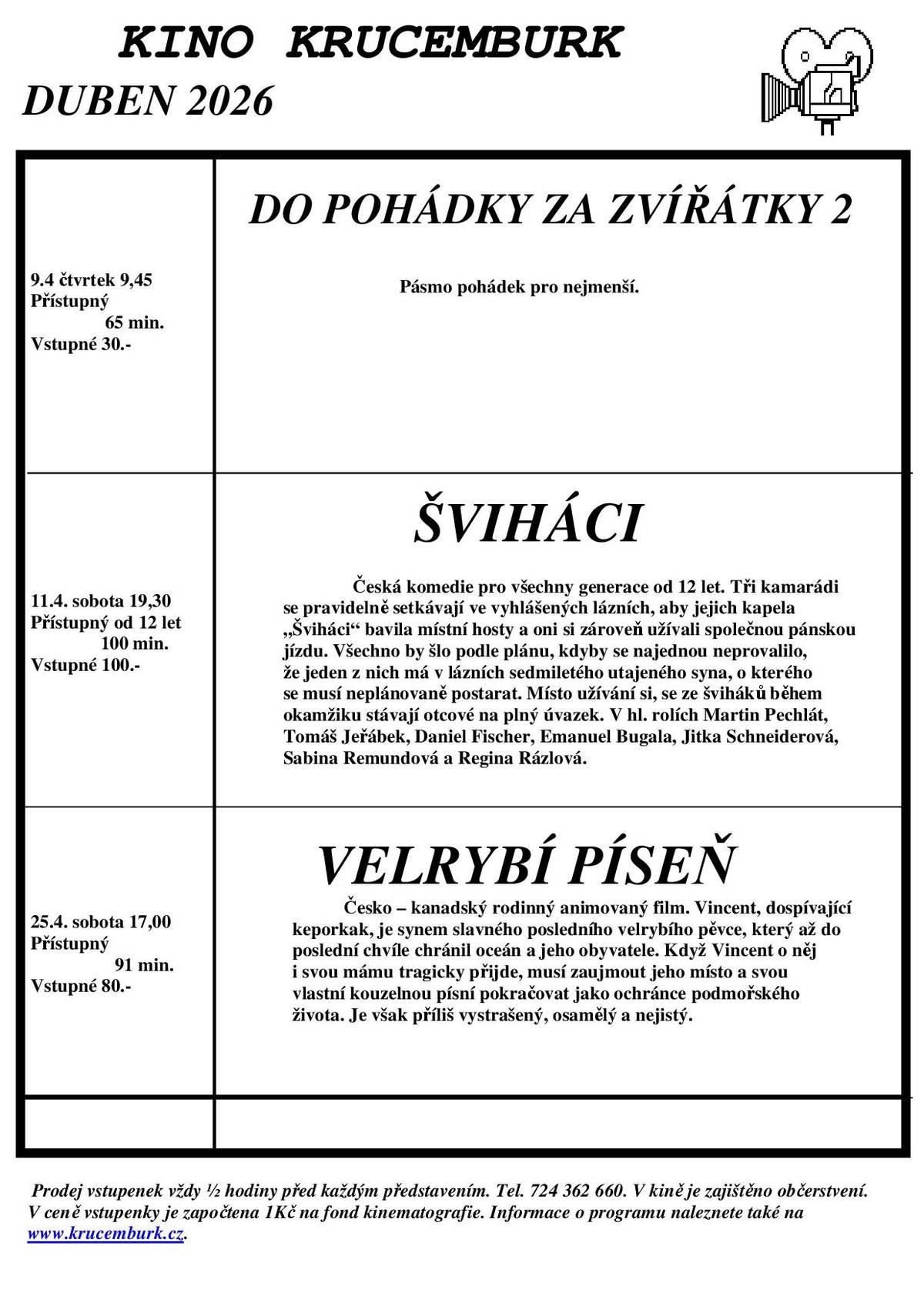 KINO KRUCEMBURK DUBEN 2026 PROGRAM KINA KRUCEMBURK DUBEN 2026