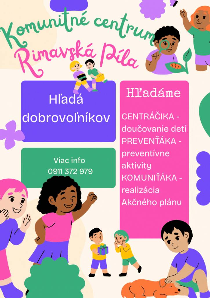 Máte chuť pomáhať a stať sa súčasťou niečoho zmysluplného? Naše komunitné centrum otvára dvere novým dobrovoľníkom! Či už chcete pomáhať deťom s úlohami, organizovať susedské akcie alebo len darovať svoj čas a úsmev, radi vás spoznáme. Poďme spoločne tvoriť lepšie miesto pre život.