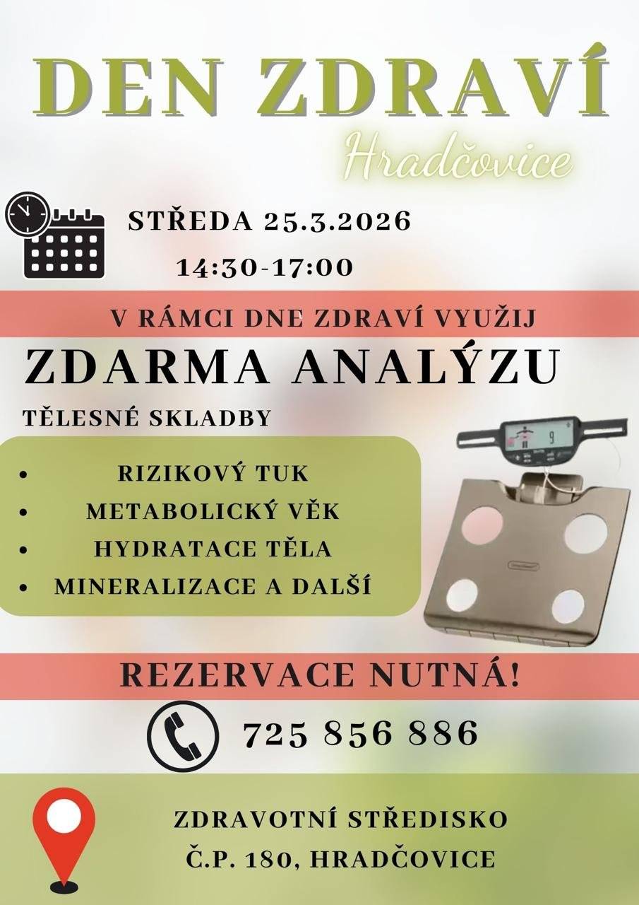 1.     Paní Martina Růžičková oznamuje, že v pondělí, ve středu a v pátek bude ve stánku otevřeno od 6,30 do 9 hodin a v sobotu 28. března od 6,30 do 9,30 hodin.   2.     Ve středu 25. března od 14,30 do 17 hodin se uskuteční den zdraví na zdravotním středisku v Hradčovicích. Pro analýzu zdarma je nutná rezervace na telefonu 725 856 886.     3.     Oznamujeme občanům že, u sběrného dvora v Hradčovicích je k odběru štěpka. Kdo z občanů má zájem, může si vzít jakékoli množství.