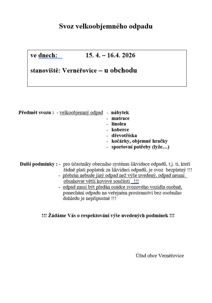 Pravidelný svoz velkoobjemného odpadu bude 15. a 16. dubna 2026 na stanovišti u obchodu
