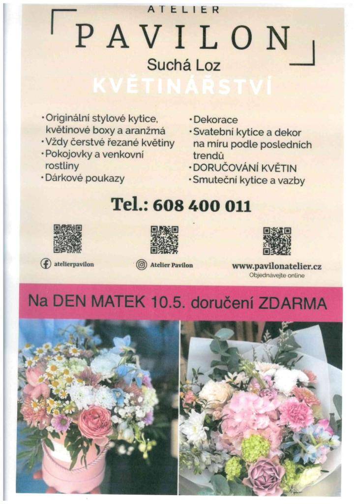 Atelier Pavilon Suchá Loz nabízí originální stylové kytice, květinové boxy a aranžmá.  Na Den matek 10.5.2026 doručení zdarma.