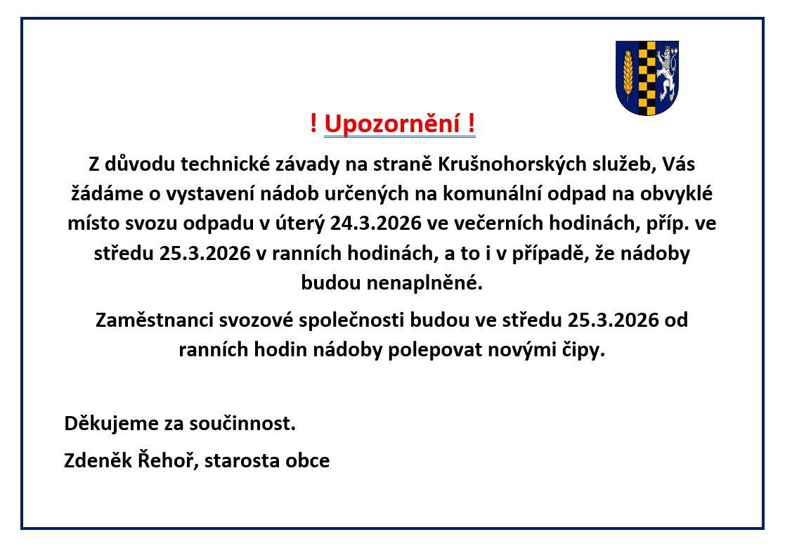 Upozornění! Ve středu 25.3.2026 proběhne přečipování nádob na komunální odpad.