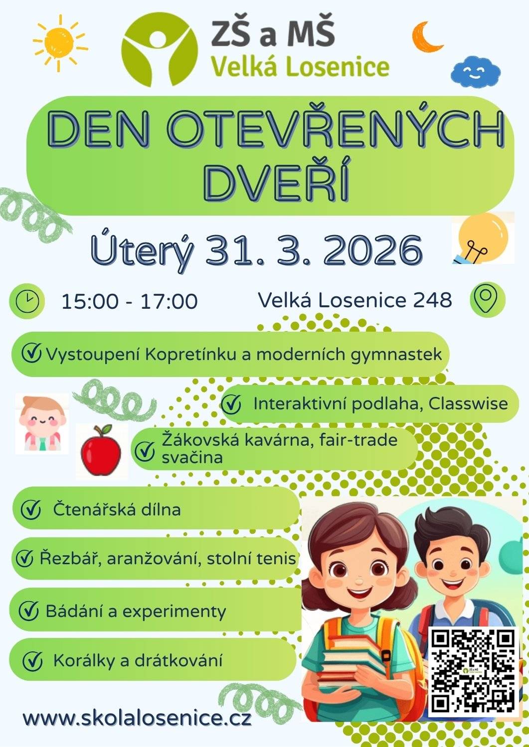 Základní škola a Mateřská škola Velká Losenice zvou na den otevřených dvěří, úterý 31.3.2026, 15:00 až 17:00 hod.