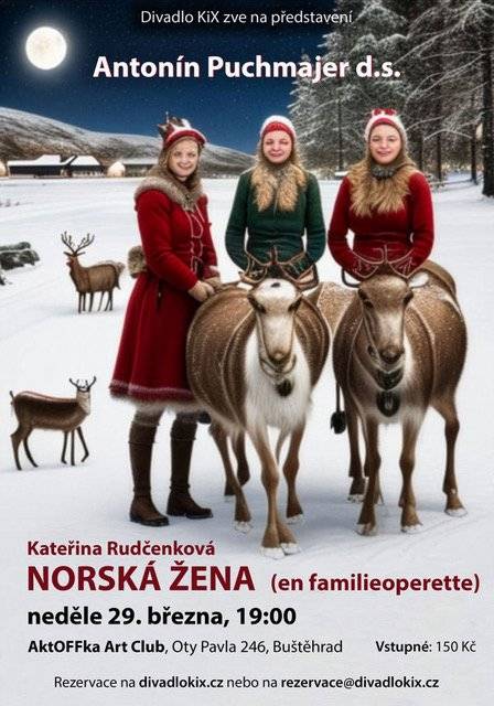 Divadlo KiX zve na výjimečné hostující představení – v neděli 29. března od 19:00 dorazí do Aktoffky pražský soubor Antonín Puchmajer D.S. s inscenací Norská žena. Autorská „rodinná opereta“ na pomezí kabaretu, operety a absurdní grotesky s živými zpěvy vypráví příběh šesti žen na prahu středního věku, které se vydávají na cestu za svými sny – a možná i samy za sebou. Text hry napsala držitelka ceny Magnesia Litera Kateřina Rudčenková na základě společného námětu členek souboru, vznikajícího během dlouhodobých setkání a sdílení osobních témat. I když vychází z ženských zkušeností, s nadhledem a humorem osloví i mužské publikum. Inscenace byla vybrána do programu prestižní celostátní přehlídky Jiráskův Hronov. Vstupné: 150 Kč. Rezervace: www.divadlokix.cz nebo rezervace@divadlokix.cz Vaše divadlo KiX