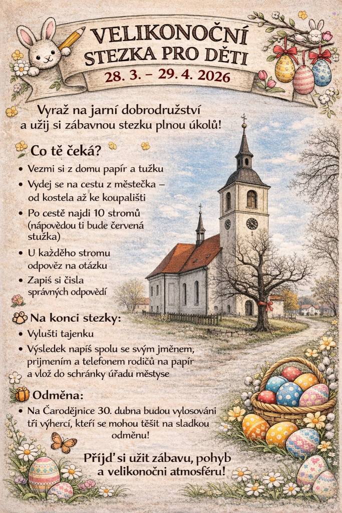 Jarní procházka ke koupališti se zábavnou stezkou plnou úkolů.  Více info na plakátu