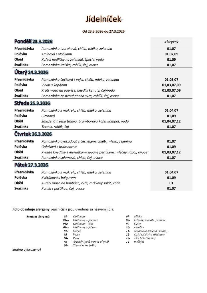 Jídelníček základní školy platný v týdnu od 23. do 27.3.2026