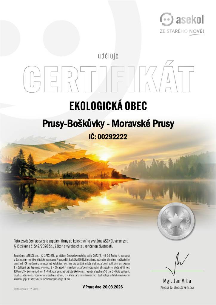 Naše obec získala stříbrný certifikát jako ocenění v oblasti sběru a recyklace vysloužilých elektrozařízení.   Děkujeme občanům.Tento úspěch dokládá Vaši dlouhodobou snahu podporovat ochranu životního prostředí.