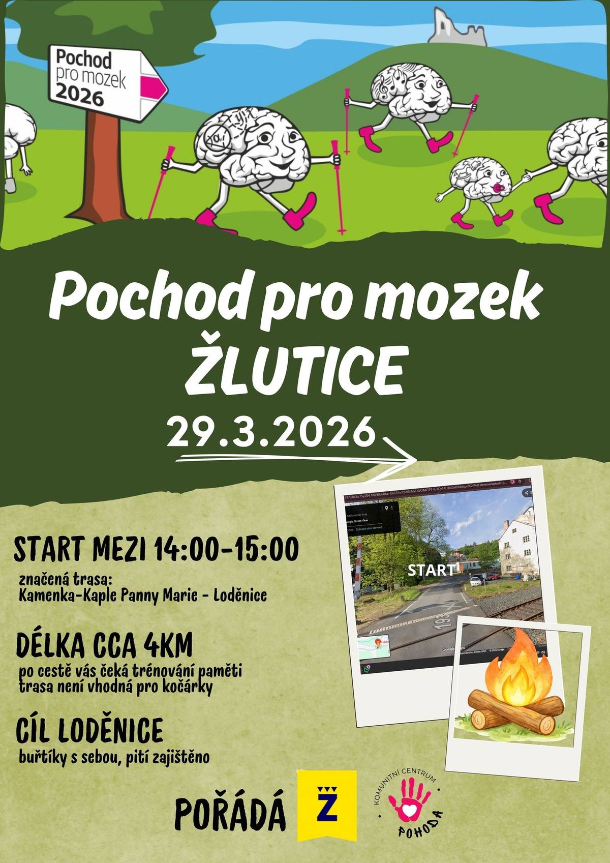 Město Žlutice a Komunitní centrum Pohoda srdečně zve všechny občany na Pochod pro mozek, který se uskuteční v neděli 29. března 2026. Přijďte podpořit zdravý pohyb, dobrou náladu a zároveň potrénovat paměť. Čeká vás příjemná procházka přírodou i drobné úkoly zaměřené na procvičení mozku. Start: mezi 14.00–15.00 hodin Trasa: Kamenka – Kaple Panny Marie – Loděnice Délka: cca 4 km Po cestě vás čeká trénování paměti. Upozorňujeme, že trasa není vhodná pro kočárky. Cíl: Loděnice V cíli bude zajištěno pití, buřty si vezměte s sebou.