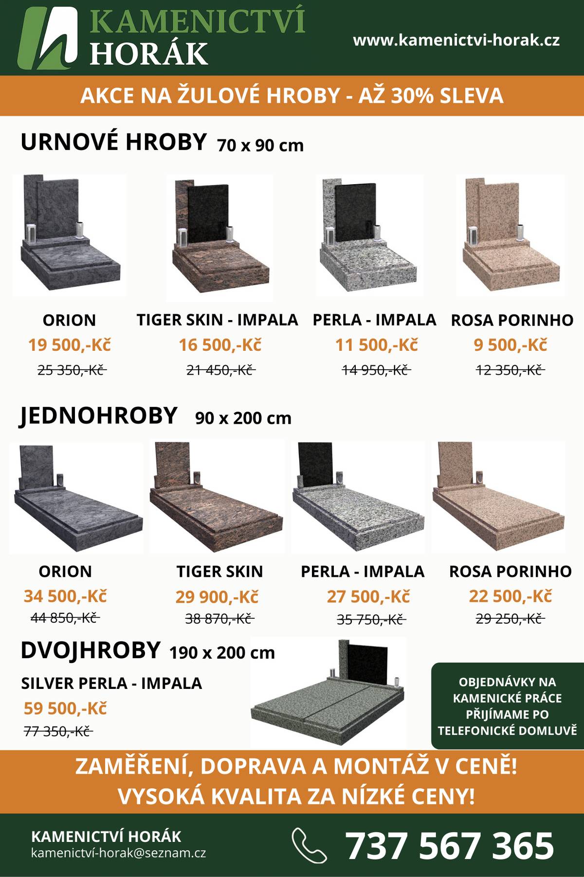 Pro naši obec nabízí své služby kamenictví , které u nás bude přijímat objednávky na veškeré kamenické práce. Pro využití této akční nabídky, je NUTNÉ si sjednat přesný čas schůzky s tímto kameníkem, který se právě pohybuje v okolí naší obce a to na telefonním čísle: 737 567 365   Nabízí: • 30 % sleva na Nové žulové hroby • broušení starých hrobů  • Urnový hrob za cenu 11 500,-Kč  • rovnání a úpravy Vašeho hrobu • opakuji telefonní číslo, které je platné po celý rok tel:.737 567 365