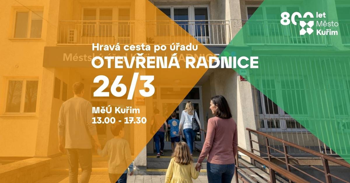 Město Kuřim zve malé i velké návštěvníky na oficiálně–neoficiální prohlídku radnice formou hry. Přijďte s dětmi objevit svět paragrafů, razítek a kanceláří, kde se rozhoduje o budoucnosti našeho města. 📅 26. 3. 2026 ⏳ 13:00 - 17:30 🚩 Městký úrad Kuřim, Jungmannova 968/75, 664 34 Kuřim  Děti se stanou malými objevovateli a s vlastním „cestovním pasem radnicí“ projdou jednotlivá stanoviště napříč úřadem. Za splněné úkoly získají razítka a za nasbíraný počet razítek také malou odměnu. Mohou si například: • vyzkoušet roli pana starosty • rozhodnout, kam by rozdělily městské peníze • ověřit své znalosti dopravních značek A to je jen malá ochutnávka toho, co je čeká. Akce je určena především dětem a probíhá hravou a interaktivní formou. Děti se mohou zúčastnit pouze v doprovodu dospělé osoby. Těší se na vás zaměstnanci kuřimské radnice.