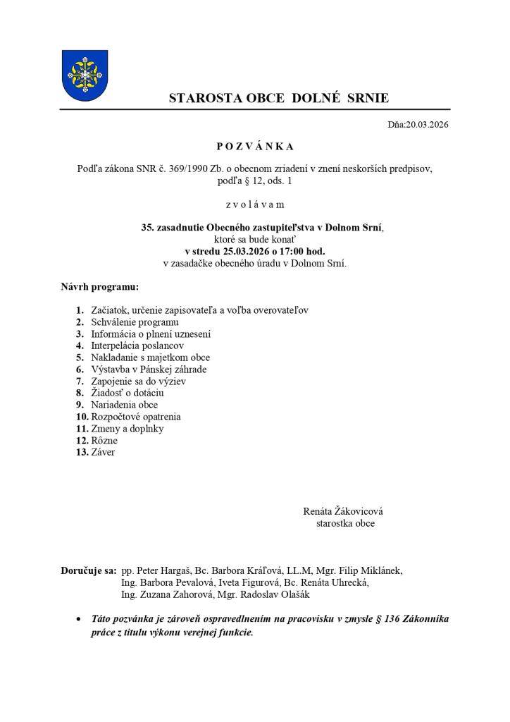 Pozvánka na 35. OZ, dňa 25.03.2026