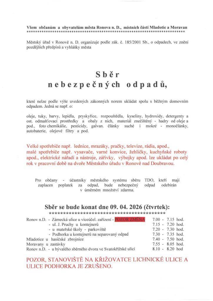 Sběr nebezpečných odpadů - čtvrtek 9.4.2026