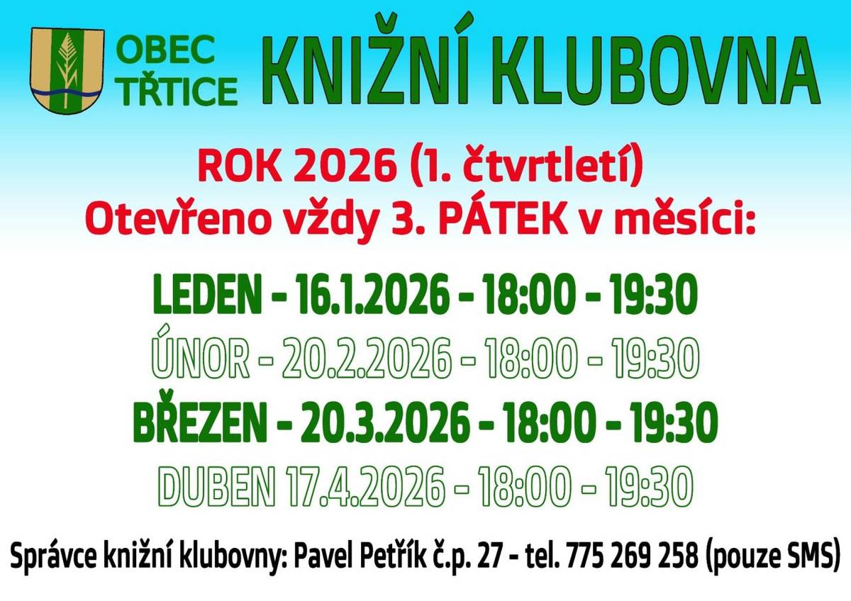 ≈ 17. 4. 2026 - pátek - OTEVŘENA Knižní klubovna  ≈ 18:00 - 19:30 - kulturní sál - klubovna Cipísek