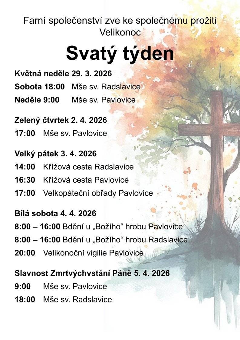 Farní společenství Pavlovice u Přerova srdečně zve všechny občany ke společnému prožití nejvýznamnějších křesťanských svátků v roce. ⛪ Přijďte se na chvíli zastavit, ztišit a prožít velikonoční události v našem společenství. Kompletní program pro Radslavice i sousední Pavlovice naleznete v přiloženém plakátku.