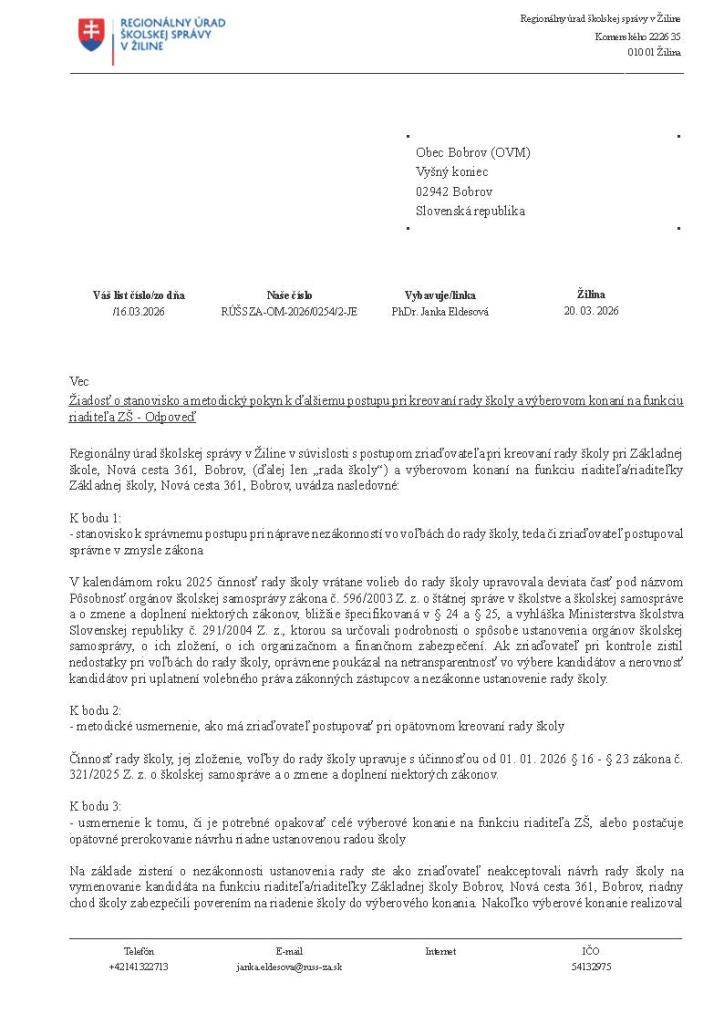 Informácie o ďalšom postupe k voľbám riaditeľa ZŠ - stanovisko Regionálneho úradu školskej správy.