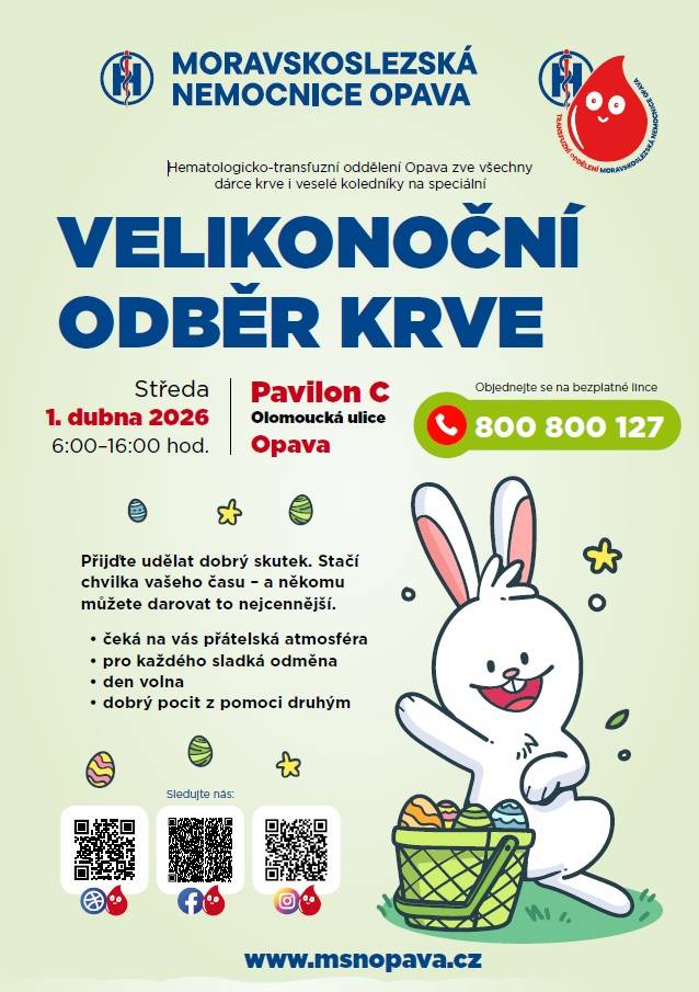 Moravskoslezská nemocnice Opava zve všechny na Velikonoční odběr krve ve středu 1. dubna 2026, pavilon C.