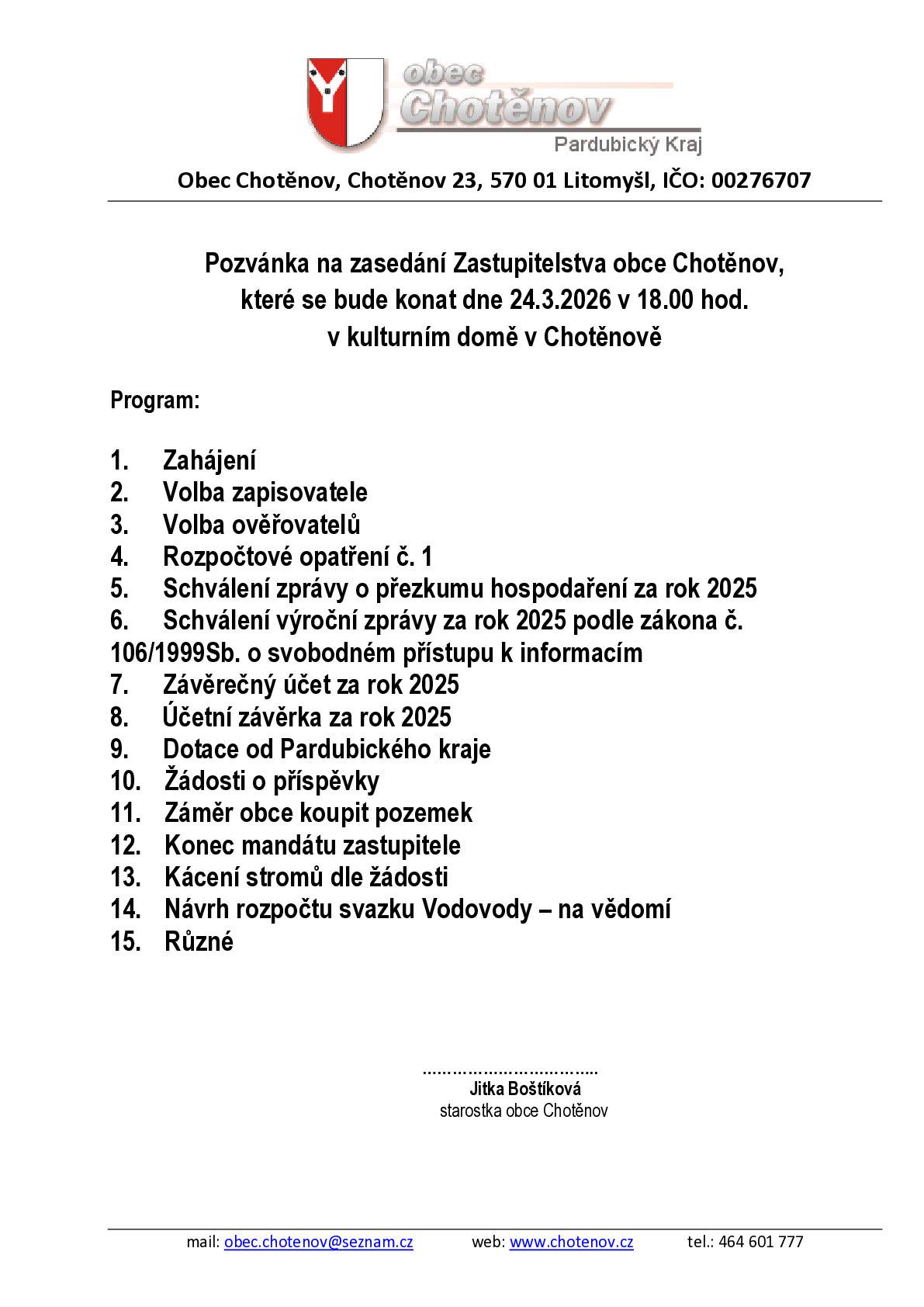 Zveme na zasedání zastupitelstva obce, které proběhne dne 24.3.2026 v 18 hodin na kulturním domě