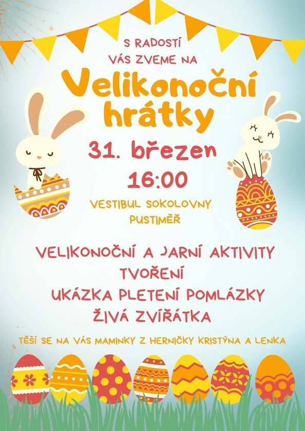 Maminky z herničky vás s radostí zvou na Velikonoční hrátky, které se uskuteční 31. 3. 2026 od 16.00 hodin ve vestibulu Sokolovny. Těšit se můžete na velikonoční a jarní aktivity.