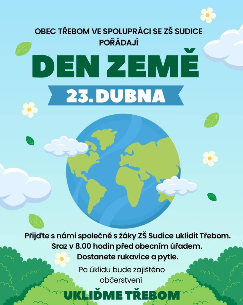 Přijďte s námi společně s žáky ZŠ Sudice uklidit Třebom.