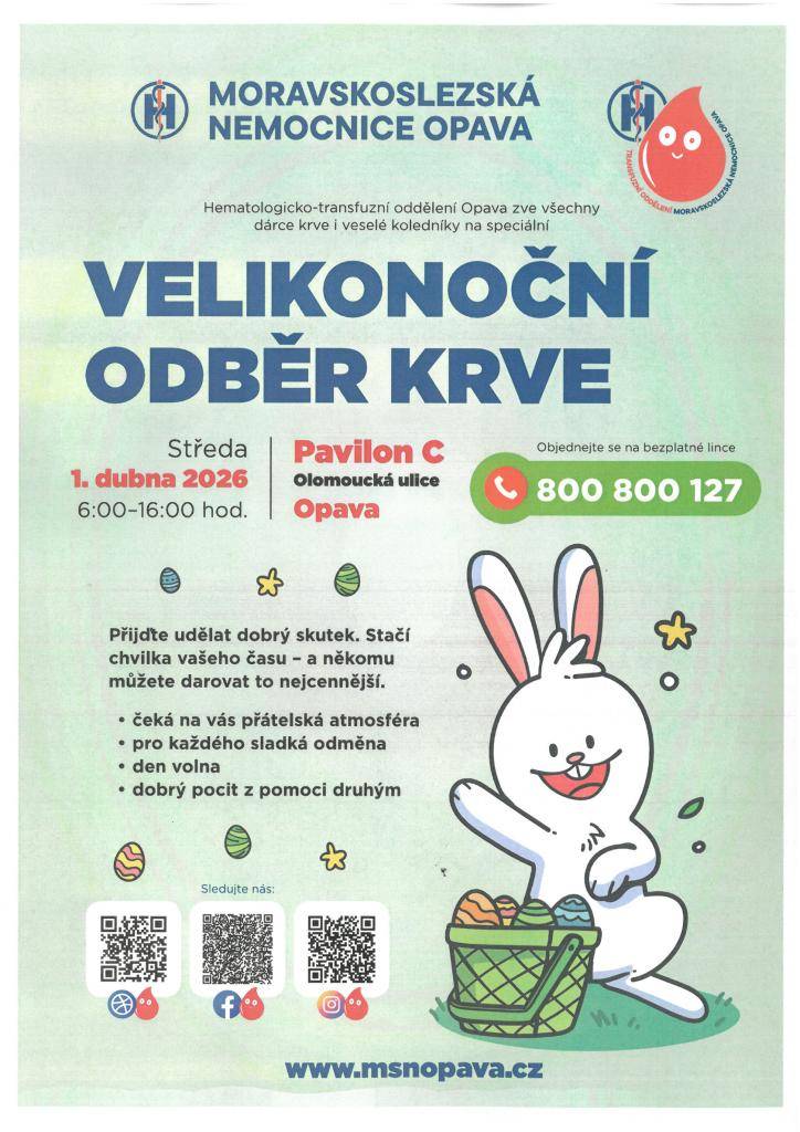 Moravskoslezská nemocnice Opava zve všechny dárce krve i veselé koledníky na speciální Velikonoční odběr krve.
