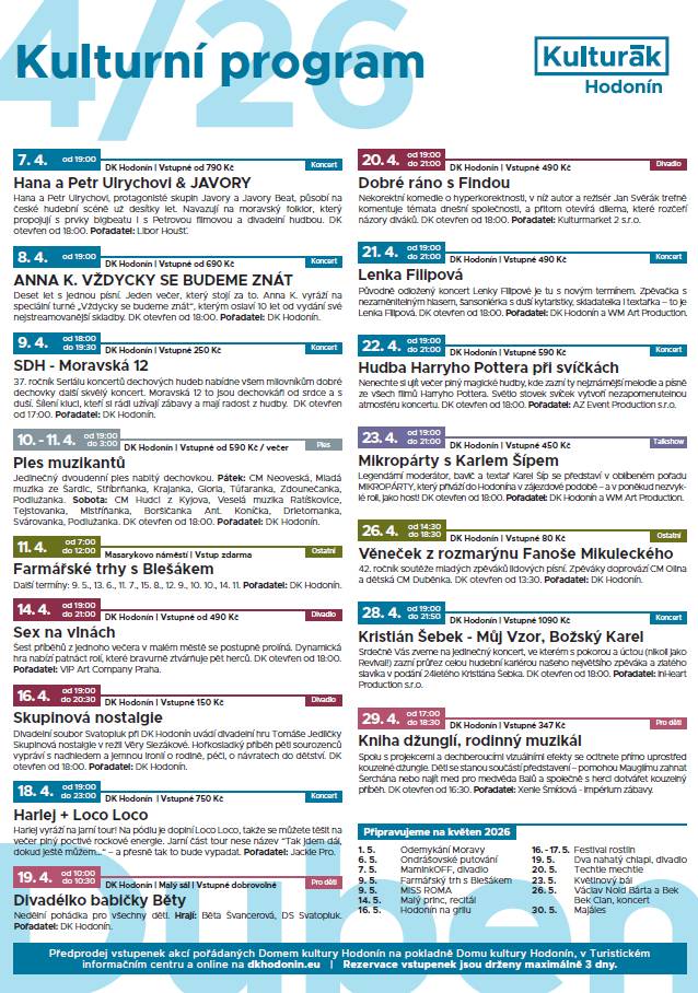 KD HODONÍN - PROGRAM NA DUBEN 2026