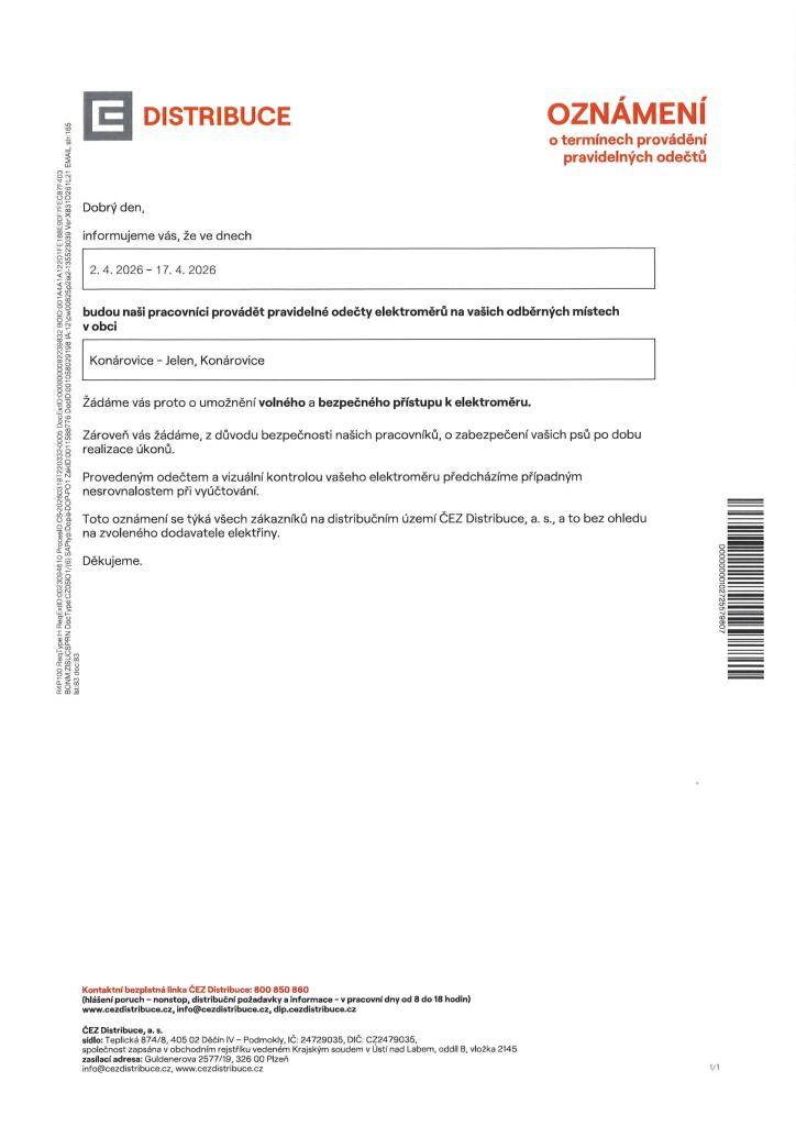 Oznámení - pravidelné odečty elektroměrů ve dnech od 2.4.2026 - 17.4.2026 Konárovice a Jelen.