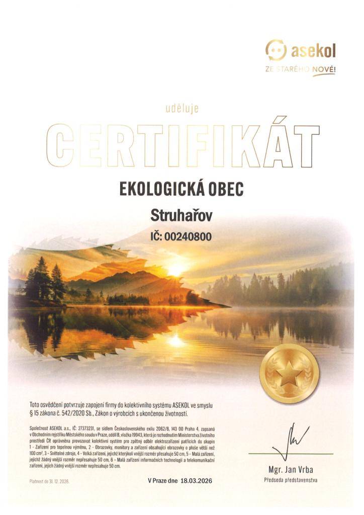 S potěšením oznamujeme, že naše obec obdržela zlatý certifikát Ekologická obec. Toto ocenění vyzdvihuje významný přínos v oblasti zpětného odběru vysloužilých elektrozařízení a potvrzuje aktivní přístup k ochraně životního prostředí.