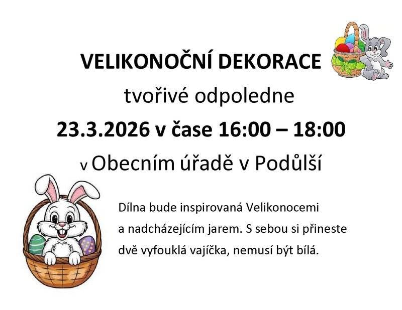 Přijměte pozváni na připravované akce v Podůlší dle níže uvedeného nebo plakátů v přílohách..... 23.3. na obecním úřadě tvořivé dílničky od 16:00 - 18:00 10.4. v Hospůdce na Jívě menší Přátelský kvíz nejen o Českém ráji od 18:30 11.4. každoroční úklidová akce od 9:00 hod po obci Podůlší, sraz u obecního úřadu