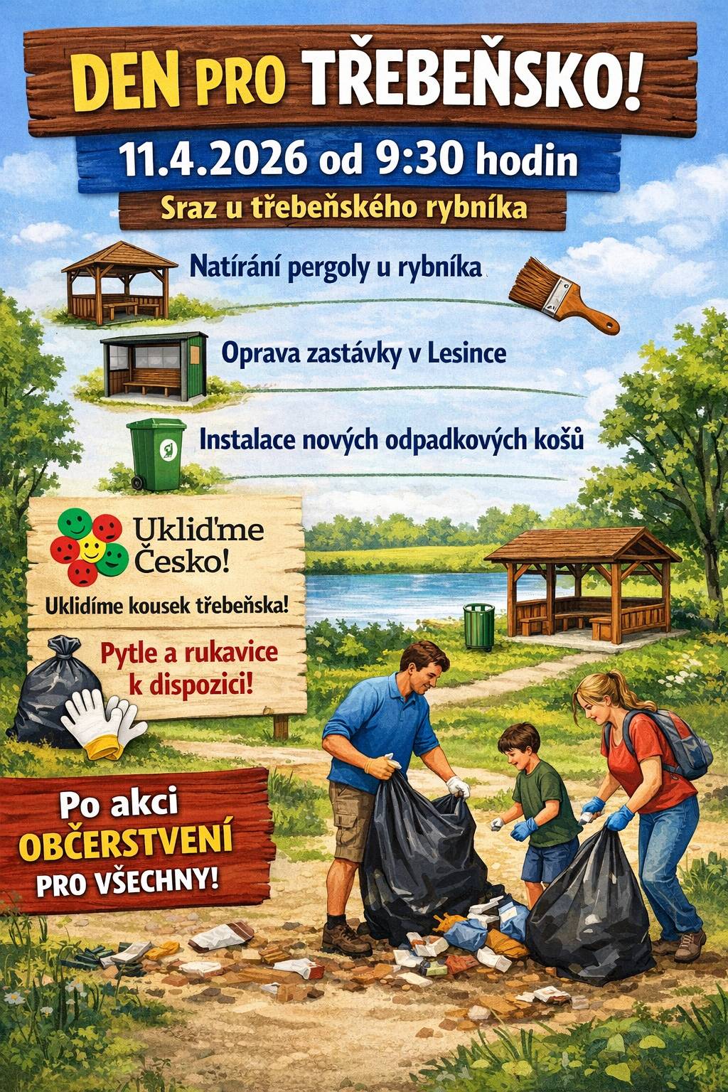 Vážení občané. Dne 11.04.2026 proběhne na třebeňsku brigáda. Podrobné informace v přiloženém letáčku. Přijďte přiložit ruku k dílu a vylepšit své okolí. Jako odměna je připraveno po ukončení brigády občerstvení.  V případě zájmu o úklid okolí mimo daný termín, si lze po domluvě vyzvednout pytle a rukavice na obecním úřadě v Třebeni.  Předem děkujeme za Vaši účast