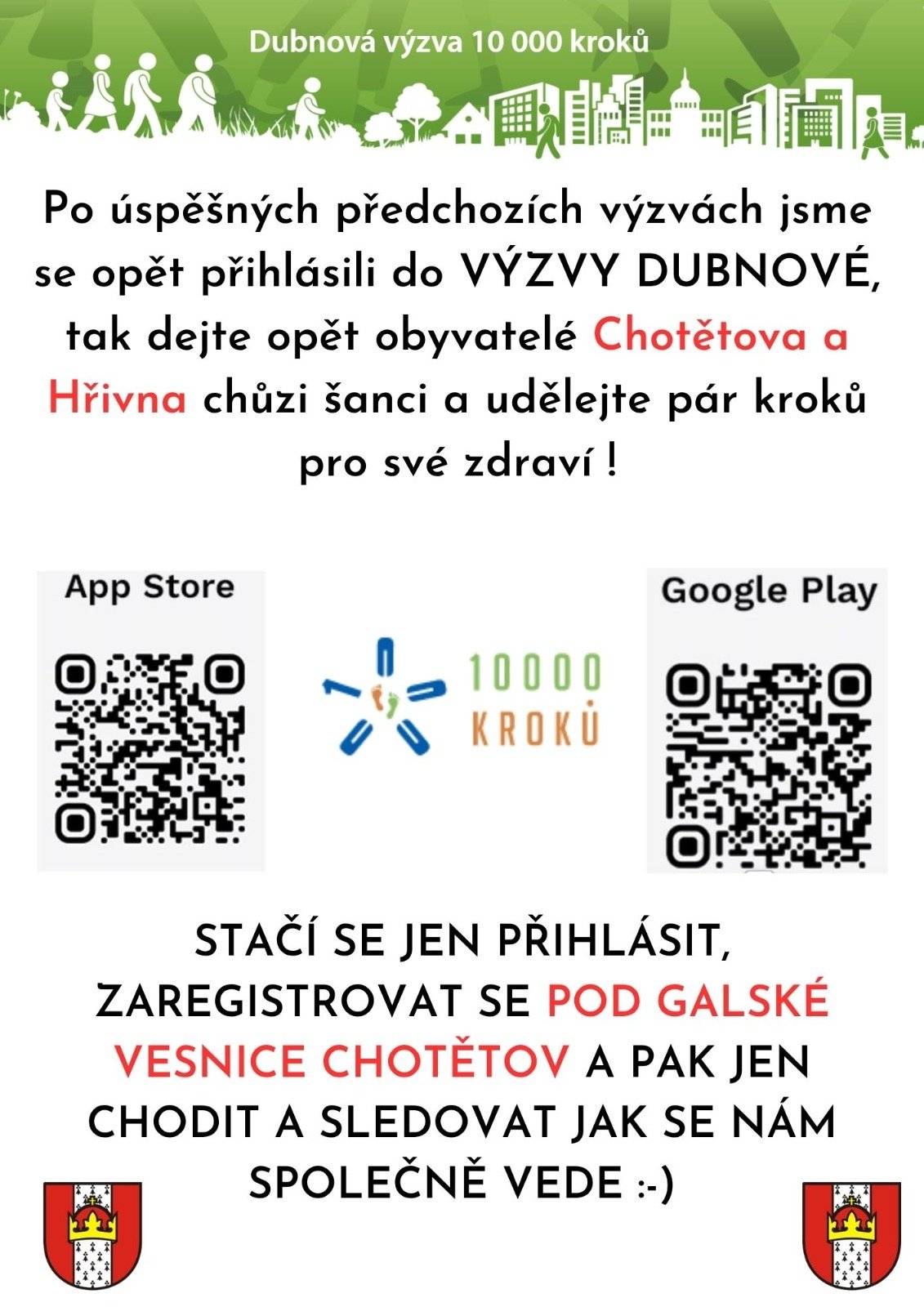 I letos jsme náš městys Chotětov přihlásili do dubnové výzvy 10 000 kroků 🚶♀️.   Tak se neváhejte také zaregistrovat a pojďme chodit společně 🚶🏻♂️. Více info níže 👇https://portal.desettisickroku.cz/mesta?category=galske_vesnice