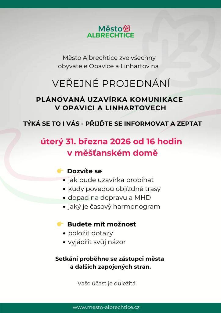 Letos na jaře čeká komunikaci v Opavici a Linhartovech velká oprava, která se dotkne dopravy v našem městě. Zveme obyvatele Opavice a Linhartov na veřejné projednání, které se uskuteční v úterý 31. března od 16:00 v měšťanském domě.