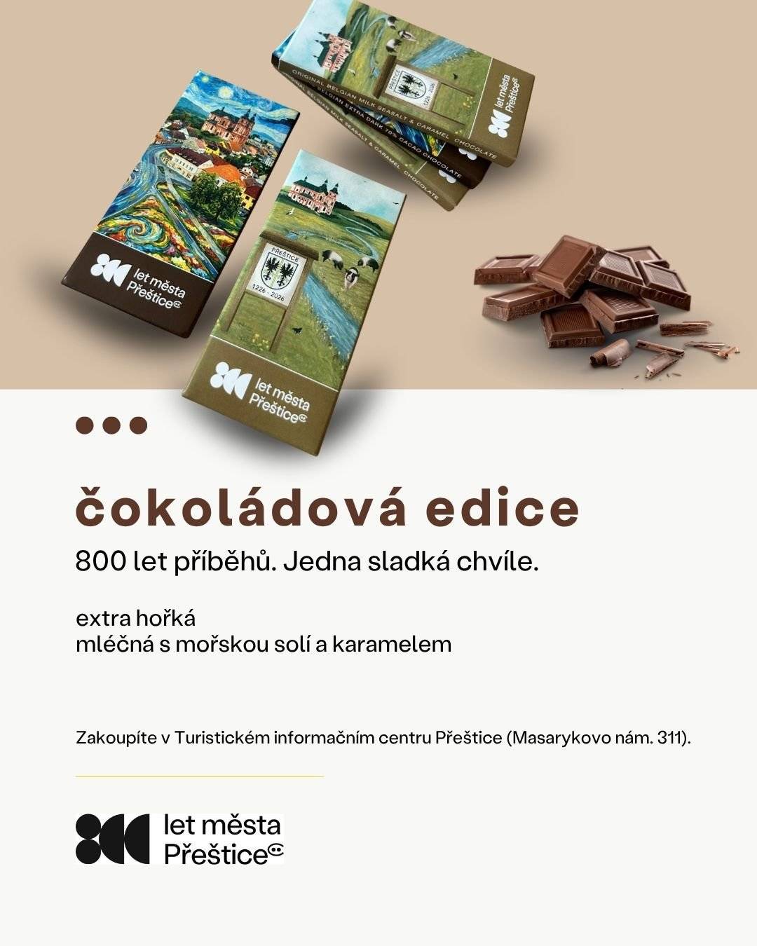 🤎 U příležitosti 800 let Přeštic představujeme další z řady výročních upomínkových předmětů – čokoládu, která zpříjemní každou chvíli. Dopřejte si sladkou připomínku významného jubilea nebo ji věnujte jako milý dárek.       Zakoupíte v Turistickém informačním centru na náměstí.