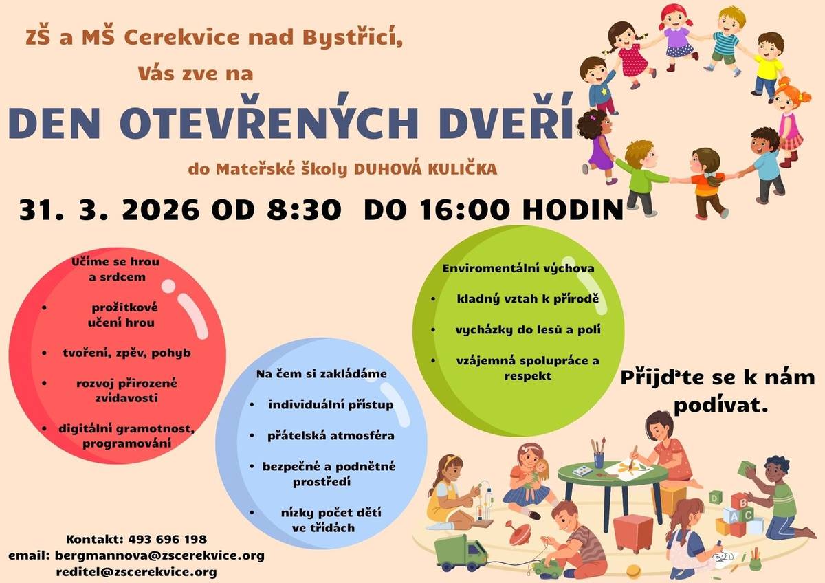 ZŠ a MŠ Cerekvice nad Bystřicí Váz zve na "Den otevřených dveří" do Mateřské školy "Duhová kulička". Kdy: 31. 3. 2026 od 8:30 do 16:00 hodin Kde: Mateřská škola Cerekvice nad Bystřicí č.p.71 Přijďte se k nám podívat!
