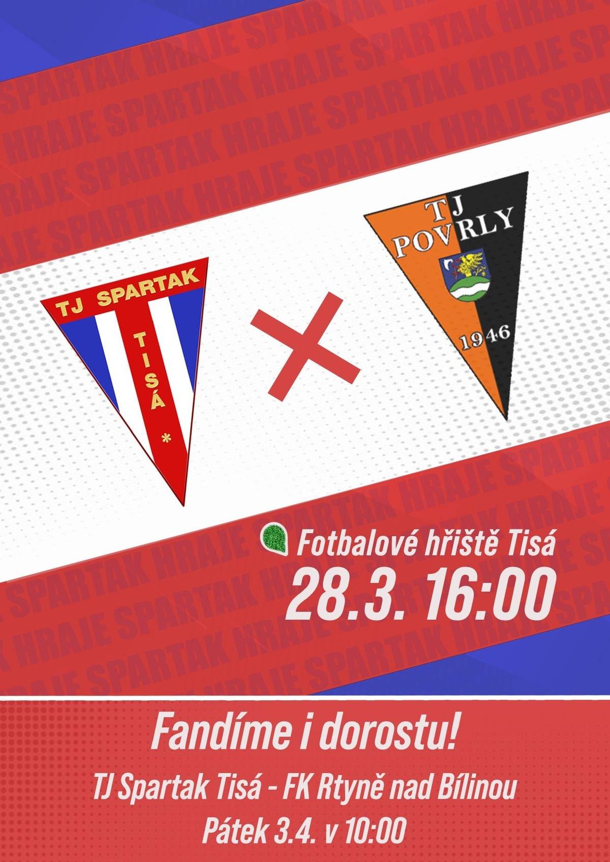 TJ Spartak Tisá zve na fotbalové utkání, které proběhne 28.03.2026 od 16:00 hodin na fotbalovém hřišti v Tisé.