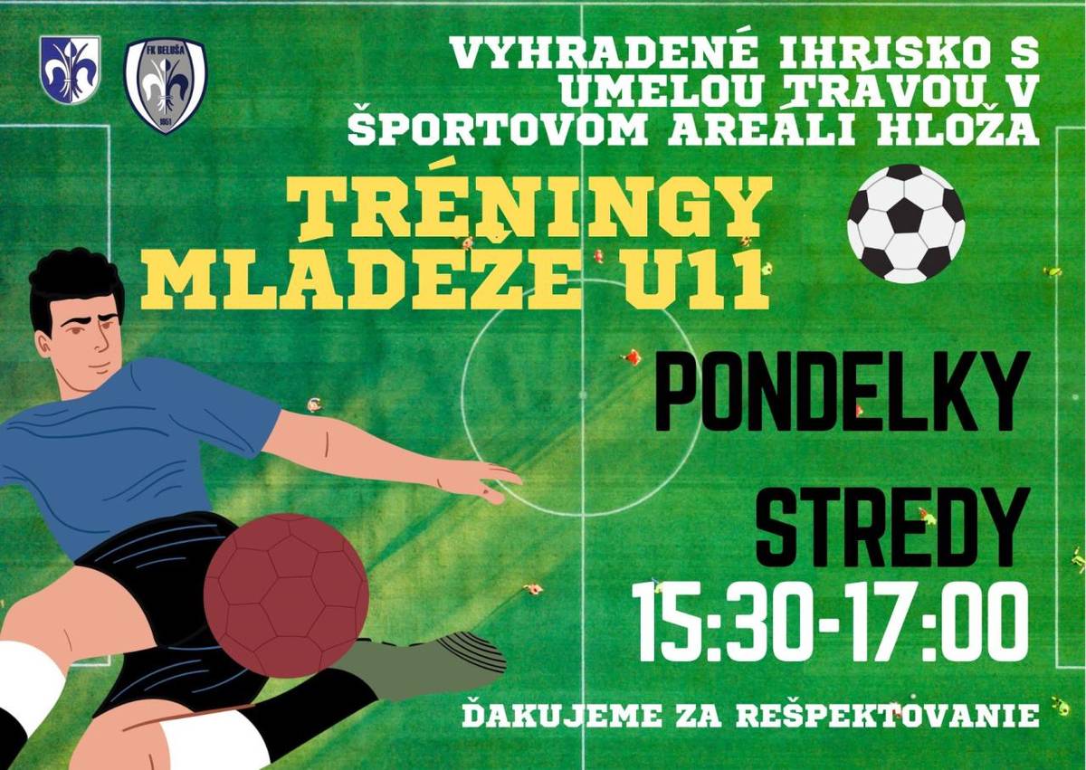 V rámci tréningovej fázy družstiev FK Beluša bude ihrisko s umelou trávou v športovom areáli Hloža vyhradené pre mládež U11, a to v pondelky a v stredy v čase od 15:30 do 17:00. Ďakujeme za rešpektovanie  a uvoľnenie hracej plochy pre tréningový proces.
