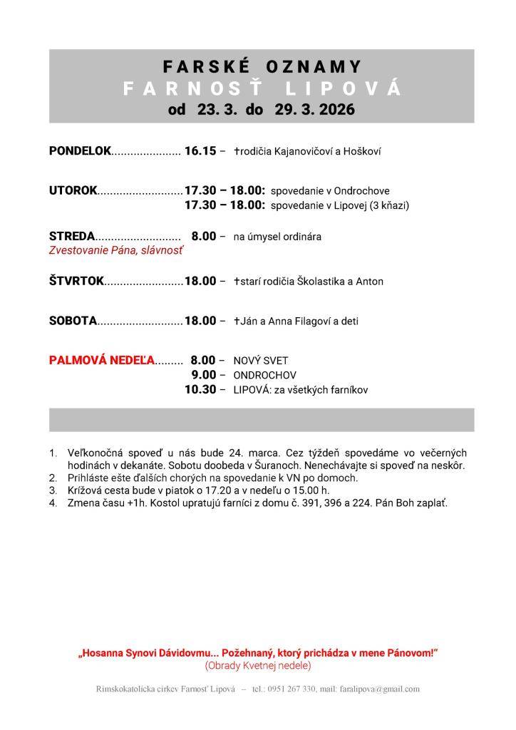 Poriadok bohoslužieb od 23.03. do 29.03.2026 a rozpis spovedania v dekanáte k Veľkej noci