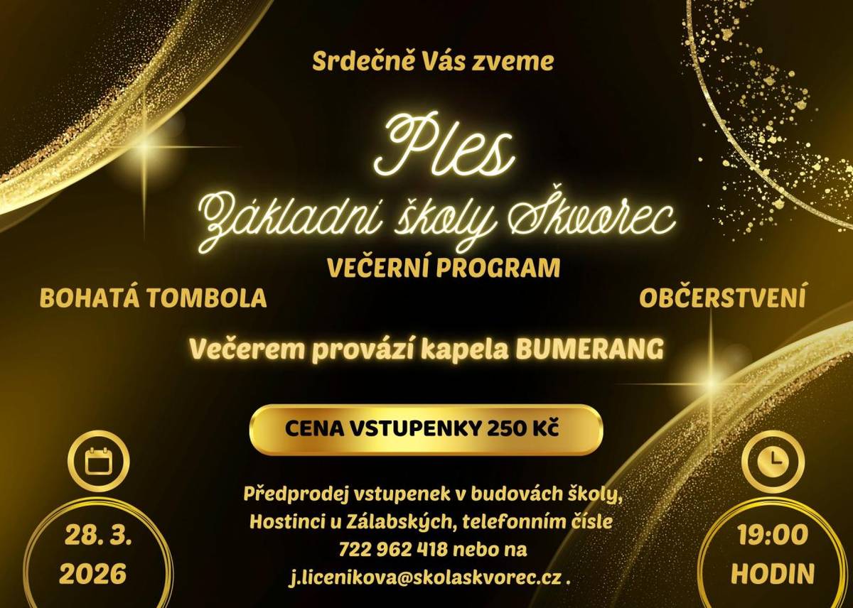 Srdečně vás zveme na společenský ples Základní školy Škvorec, který se uskuteční v přátelské atmosféře a nabídne příjemný večer plný hudby, tance a zábavy. Akce je určena rodičům, pedagogům i široké veřejnosti, která chce podpořit školu a zároveň si užít slavnostní večer.