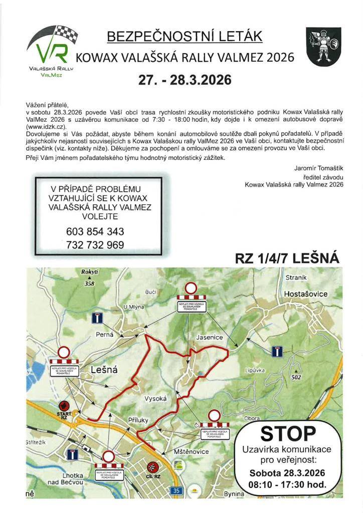 v sobotu 28.3.2026 povede naší obcí trasa rychlostní zkoušky motoristického podniku Kowax Valašská rally ValMez 2026
