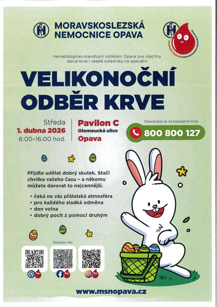 1.4.2026 6:00 - 16:00 hod. Moravskoslezská nemocnice Opava, pavilon C