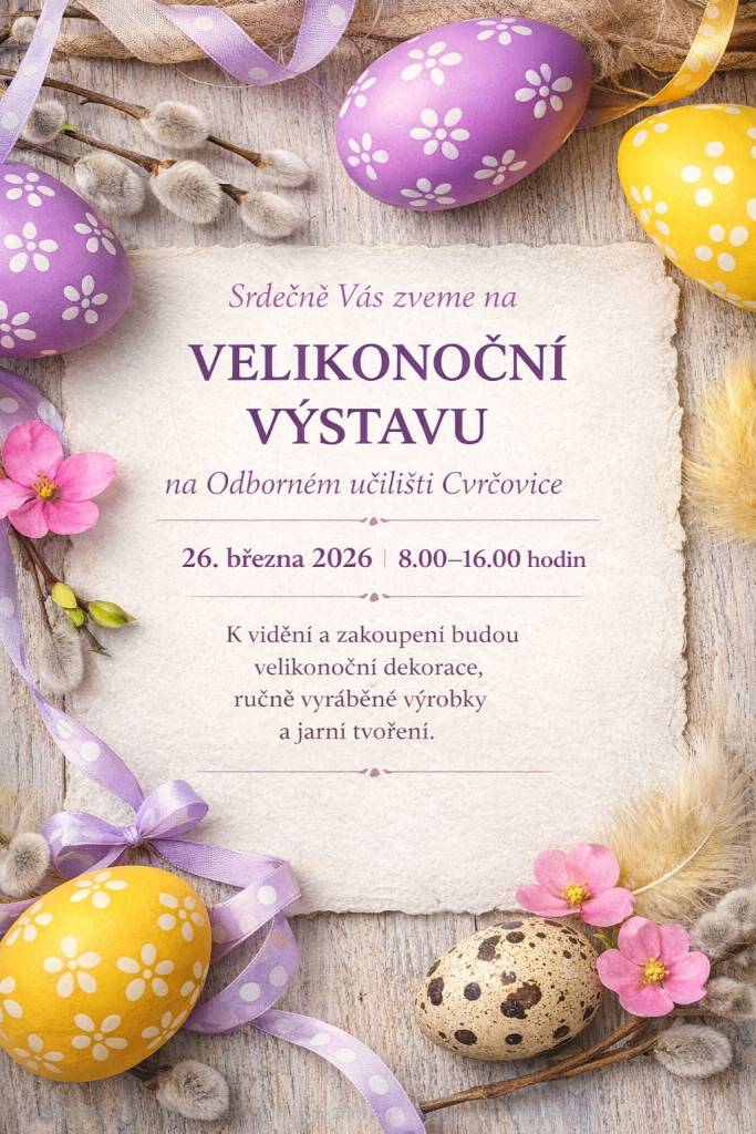 Odborné učiliště Cvrčovice Vás zve na tradiční, prodejní Velikonoční výstavu, která se koná ve čtvrtek 26. března 2026 od 8:00 - 16:00 hodin.  Možnost zakoupení výrobků žáků školy.