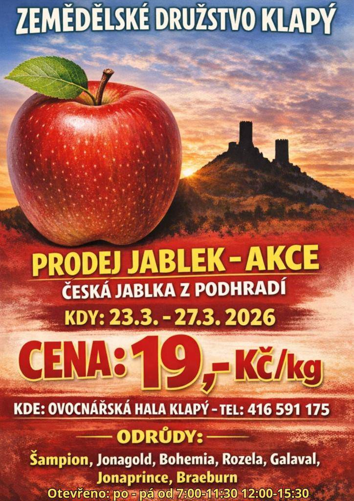 Zemědělské družstvo Klapý informuje občany o konání prodeje čerstvých českých jablek z Podhradí.