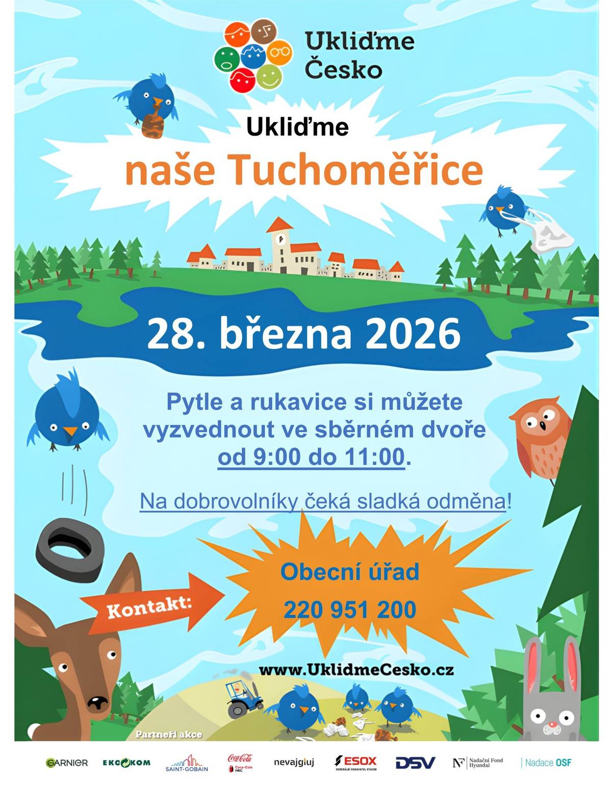Vážení občané, pojďme odlehčit přírodě a udělat dobrý skutek! I letos se můžete připojit k úklidové akci "Ukliďme Česko". Technická četa uklízí každý týden, ale i to bohužel nestačí. Pojďte nám pomoci uklidit i místa, která nejsou na očích a vybízejí k odhazování odpadků. Pytle a rukavice budou k odběru ve sběrném dvoře v sobotu 28.3.2026 od 9 do 11 hod.  Na dobrovolníky čeká sladká odměna.  Po provedeném úklidu není třeba pytle s odpadky převážet do sběrného dvora. Stačí nám nahlásit místa, kde jste pytle zanechali a technická četa se o jejich svoz postará. Místa prosím hlaste na emai: info@outuchomerice.cz  Děkujeme všem, kteří pomáhají :-). S přáním krásného dne Váš OÚ