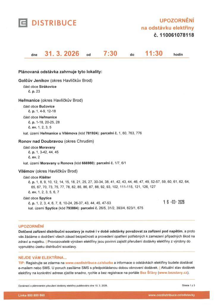 Odstávka elektřiny 31.3.2026 Moravany 7:30 - 11:30