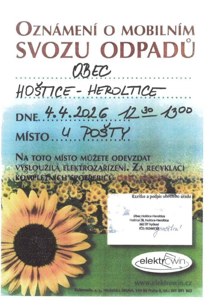 Sběr a odvoz nebezpečného odpadu a elektrozařízení v obci Hoštice-Heroltice proběhne 4. 4. 2026 od 12:30 do 13:00 u pošty.