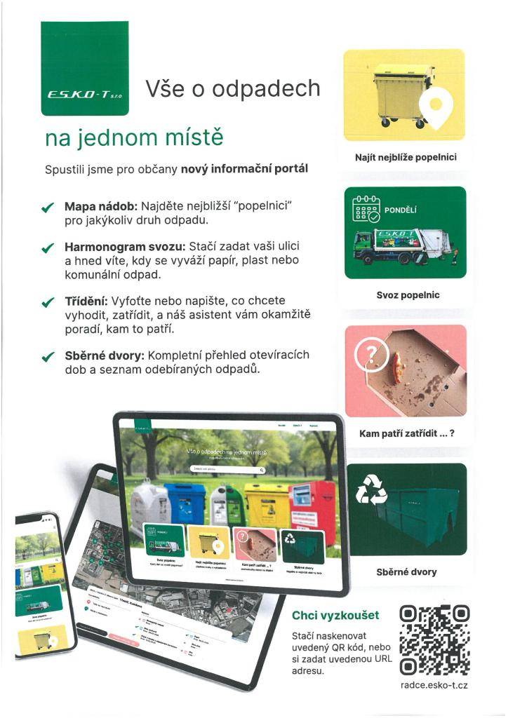 Na webových stránkách svozové firmy ESKO-T https://www.esko-t.cz/ najdete novou aplikaci. Po zadání vaší adresy zjistíte informace o odpadech v Budišově.