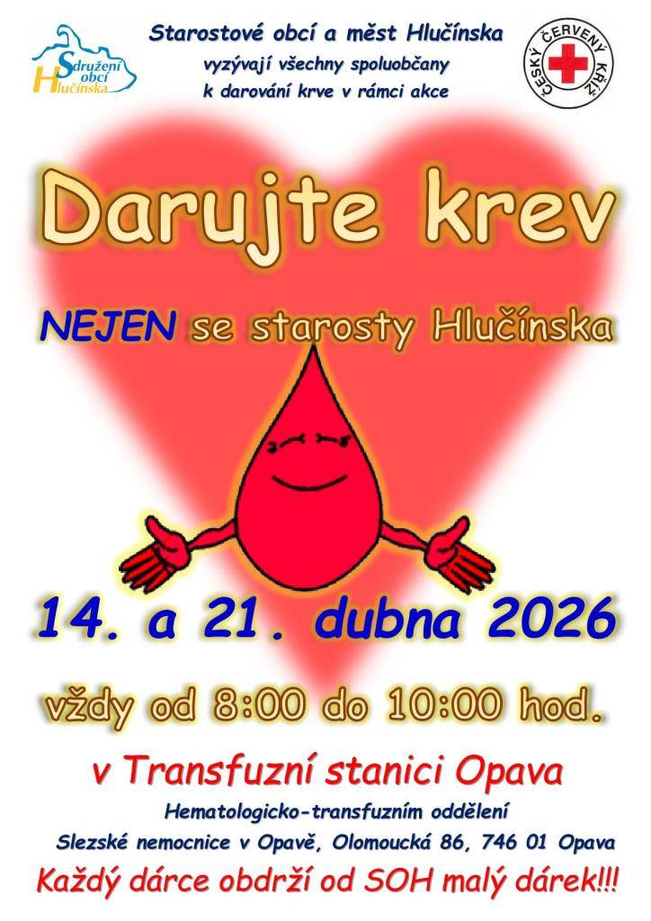 Darujte krev nejen se starosty Hlučínska v Transfuzní stanici Opava 14.4. a 21.4.2026 v době od 8:00 do 10:00 hodin.