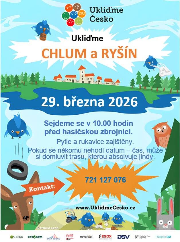Ukliďme Česko - Chlum a Ryšín 29.3.2026 sraz v 10:00 hod. před hasičskou zbrojnicí.