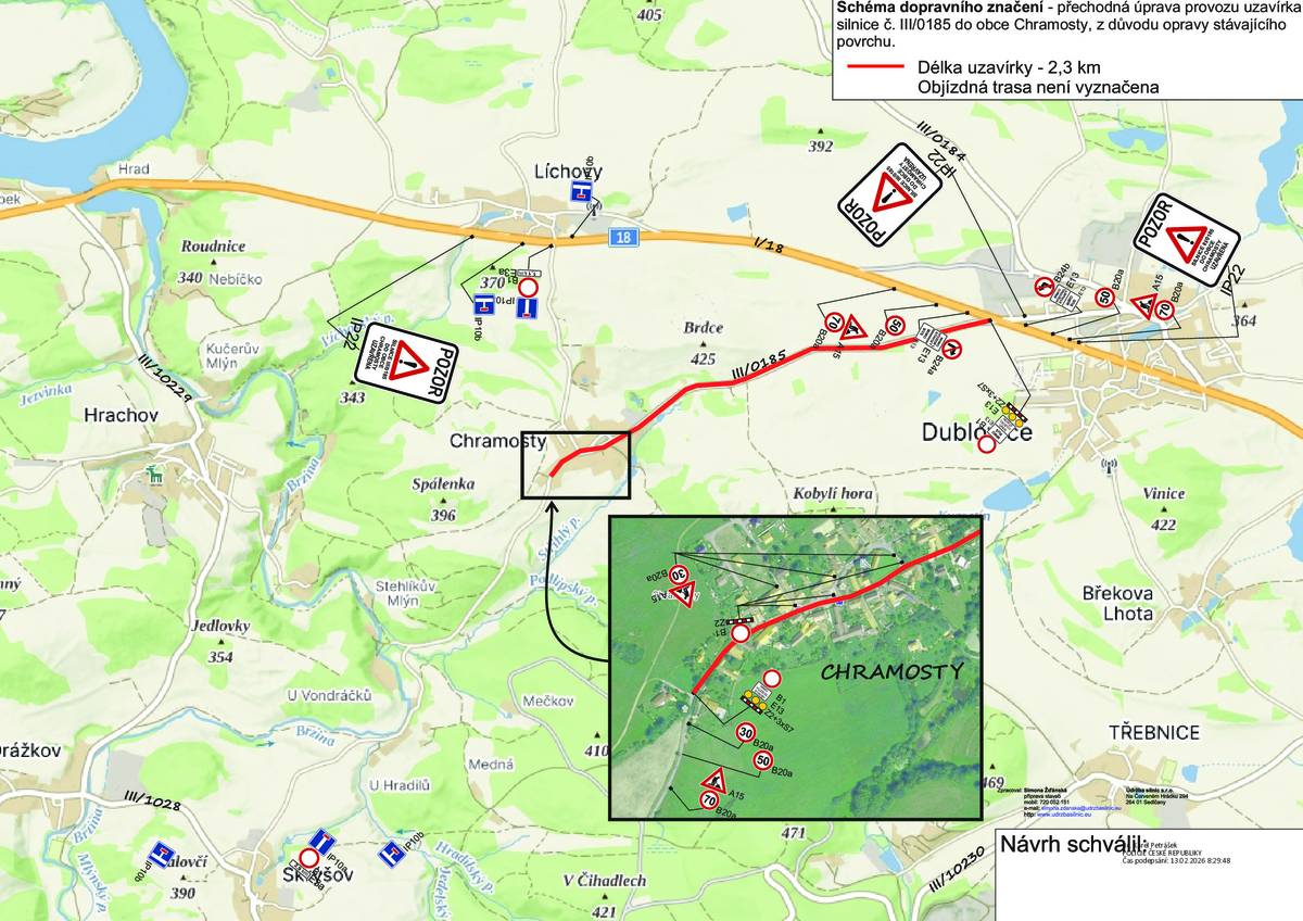 Z důvodu pokládky nového asfaltového krytu bude uzavírka silnice Dublovice - Chramosty od 26.3. do 26.4.2026. Po dobu omezení bude umožněn vjezd autobusové dopravy do 7:20 hod. (spoje 1002 a 1004). Zbylé spoje 1005 a 1007 budou z Dublovic vedeny přímo do Zvírotic.